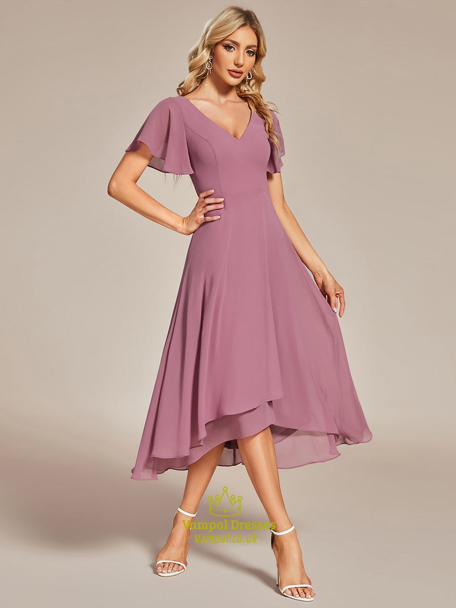 Orchid Ruffles Wholesale Abendkleid V-Neck High Low Chiffon