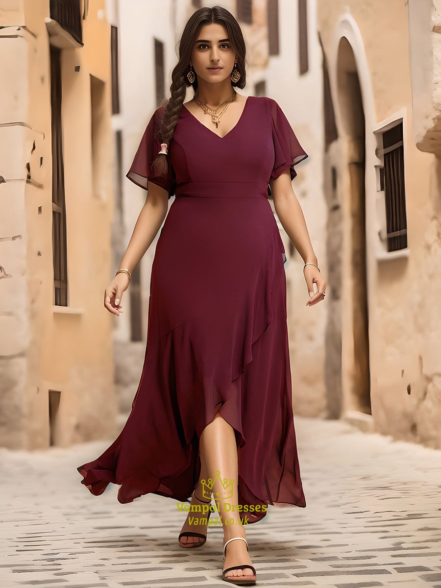 Wholesale Bridesmaid Dresses Neck High Low Ruffles Chiffon Plus V