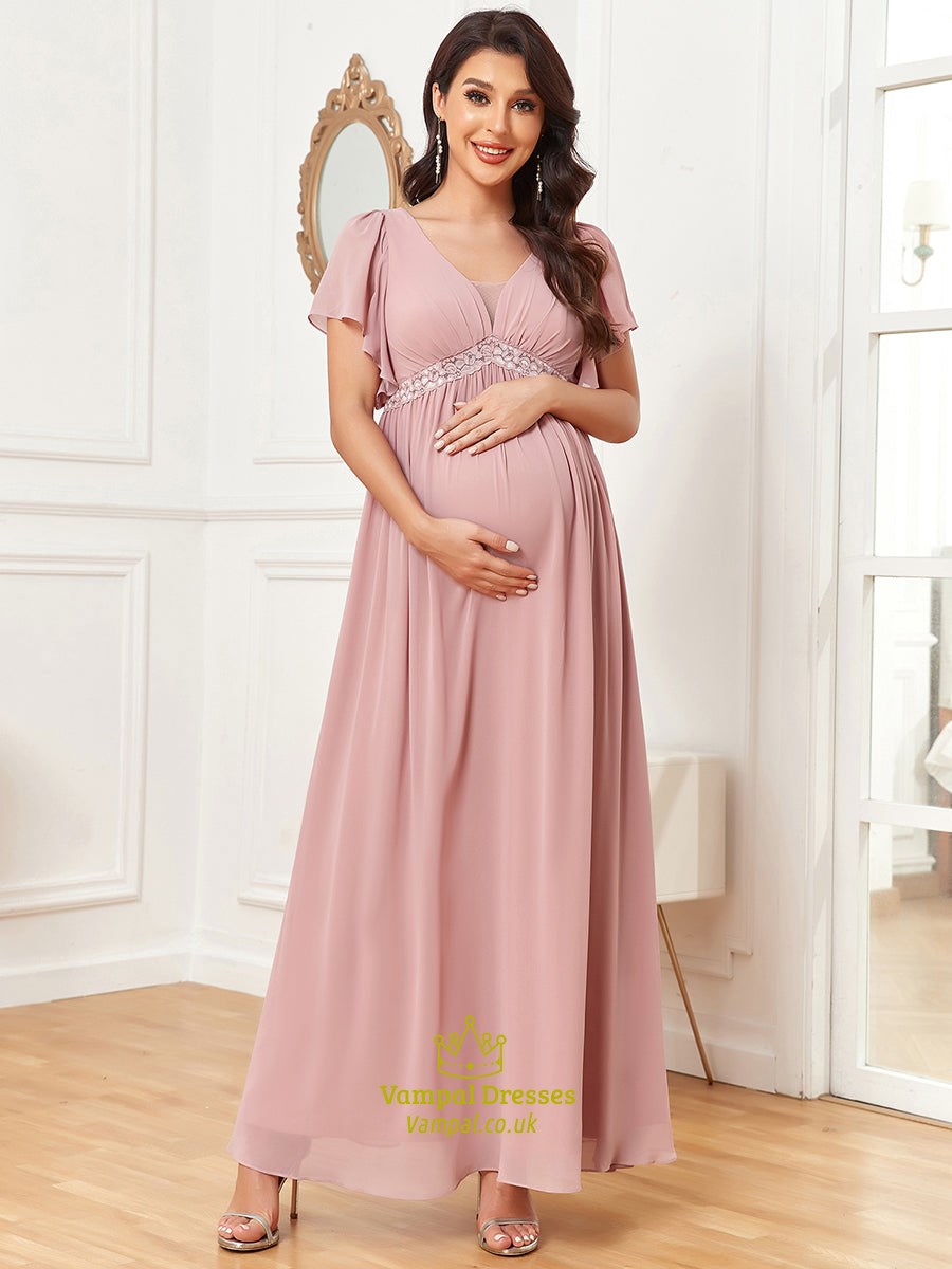 Dusty Rose Ruffles Sleeves Deep V Neck A Line Wholesale Maternity Dresses