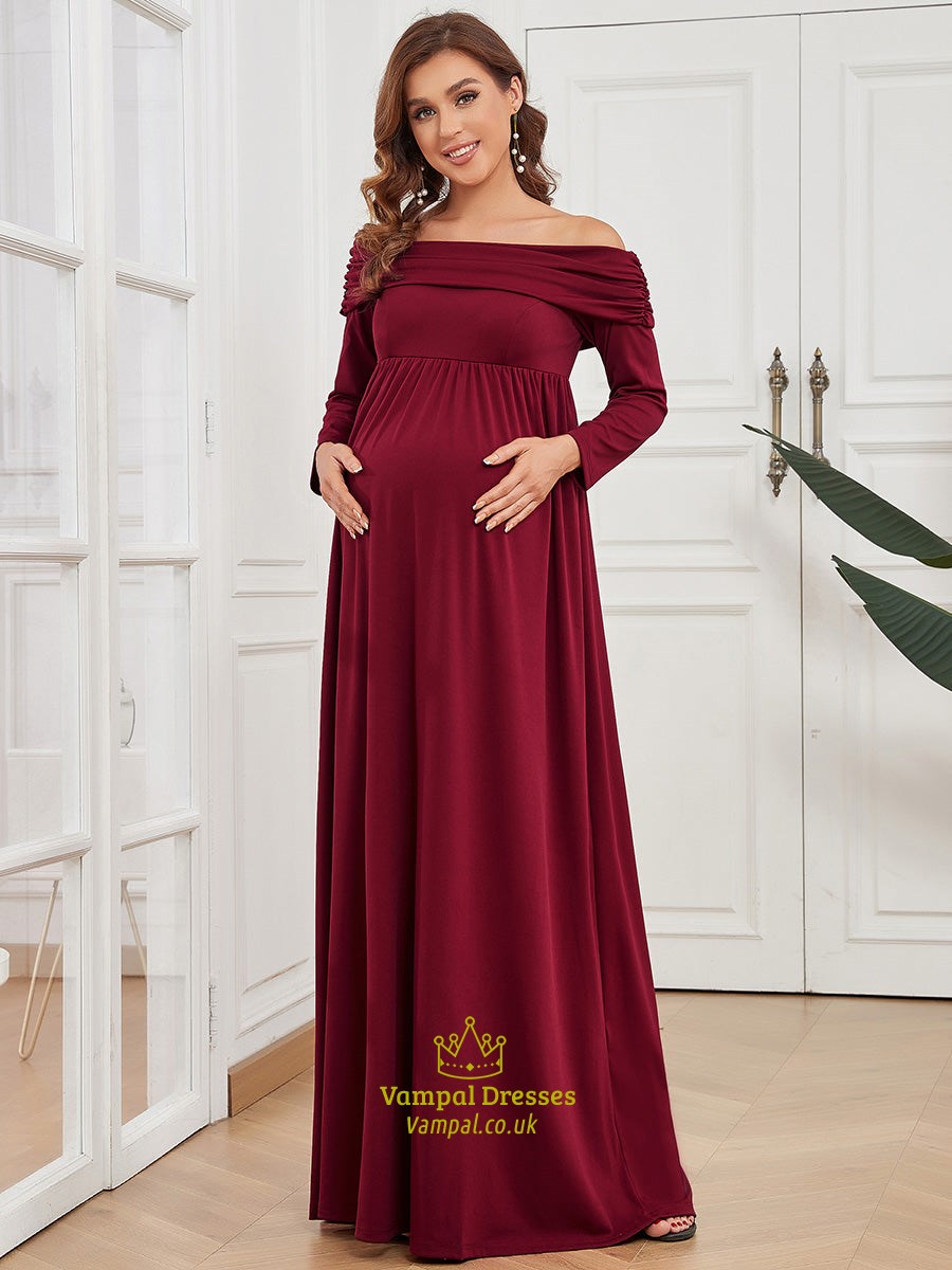 Burgundy Long Sleeves Floor Length A Line Wholesale Maternity Dresses