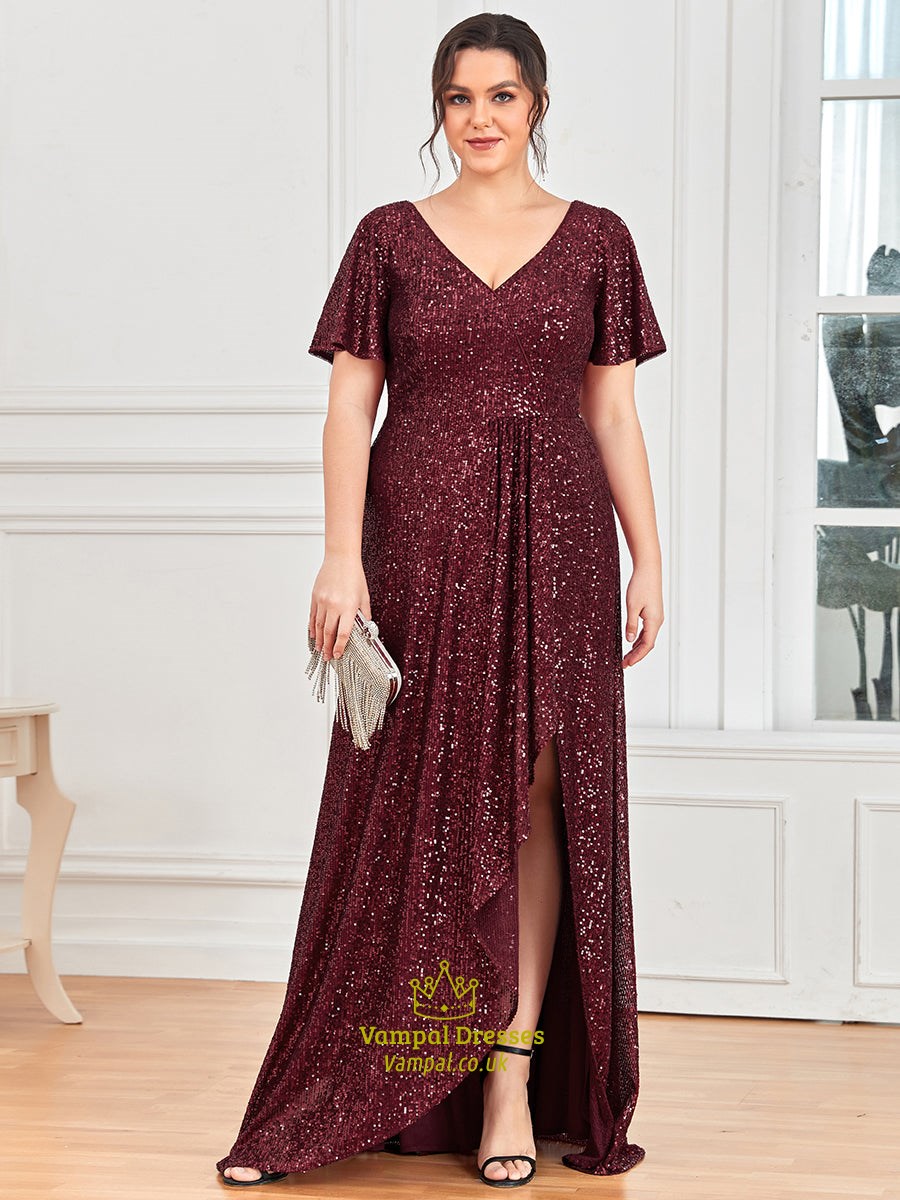 Deep V Neck Short Ruffles Sleeves A Line Wholesale Evening Dresses