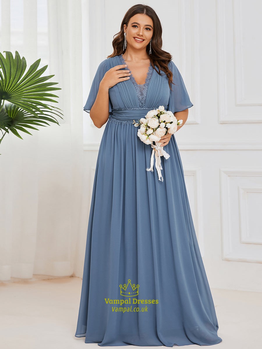 Dusty Navy Plus Short Ruffles Sleeves Deep V Neck A Line Wholesale Bridesmaid Dresses