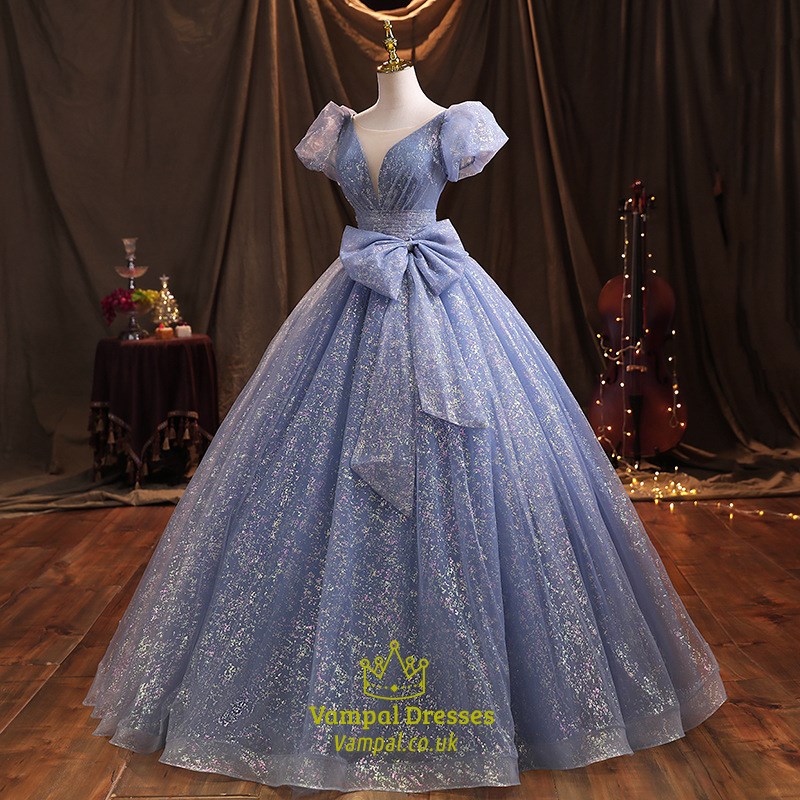 Blue 2024 New Bling Blue Ball Gown Prom Dress Sweet Sixteen Girls Short Sleeves Debutante Bow Knot Evening Party