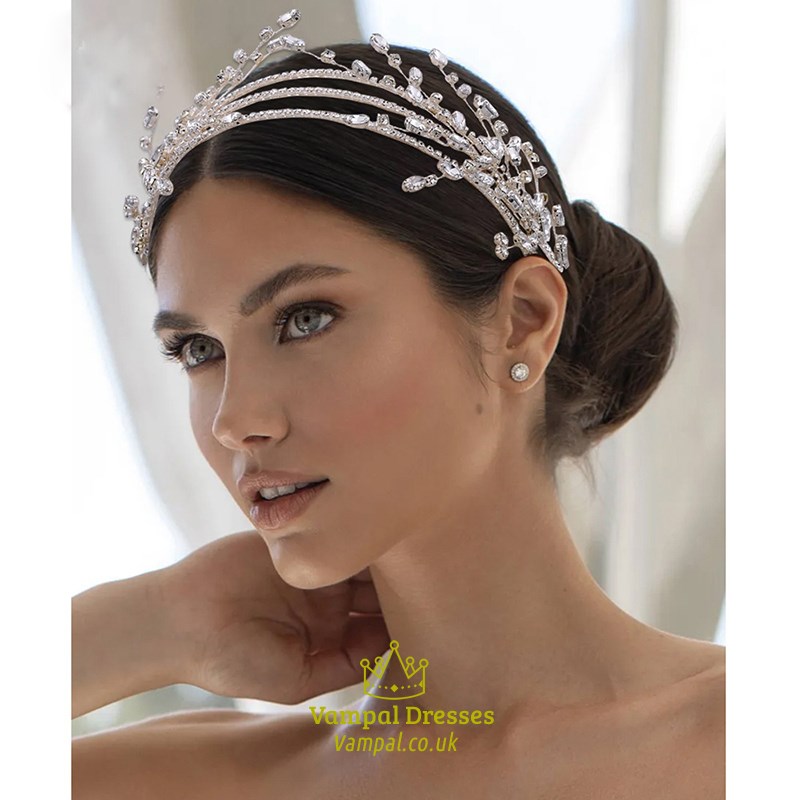 White Crystal Rhinestone Headbands Leaf Double Hairband Women Bridal Wedding Tiara Hair Accessories Crown Hairwear Jewelry