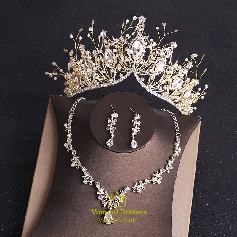 Rhinestone Crystal Gold Color Tiara Crown Earrings Necklace Wedding Bride Luxury Jewelry Set