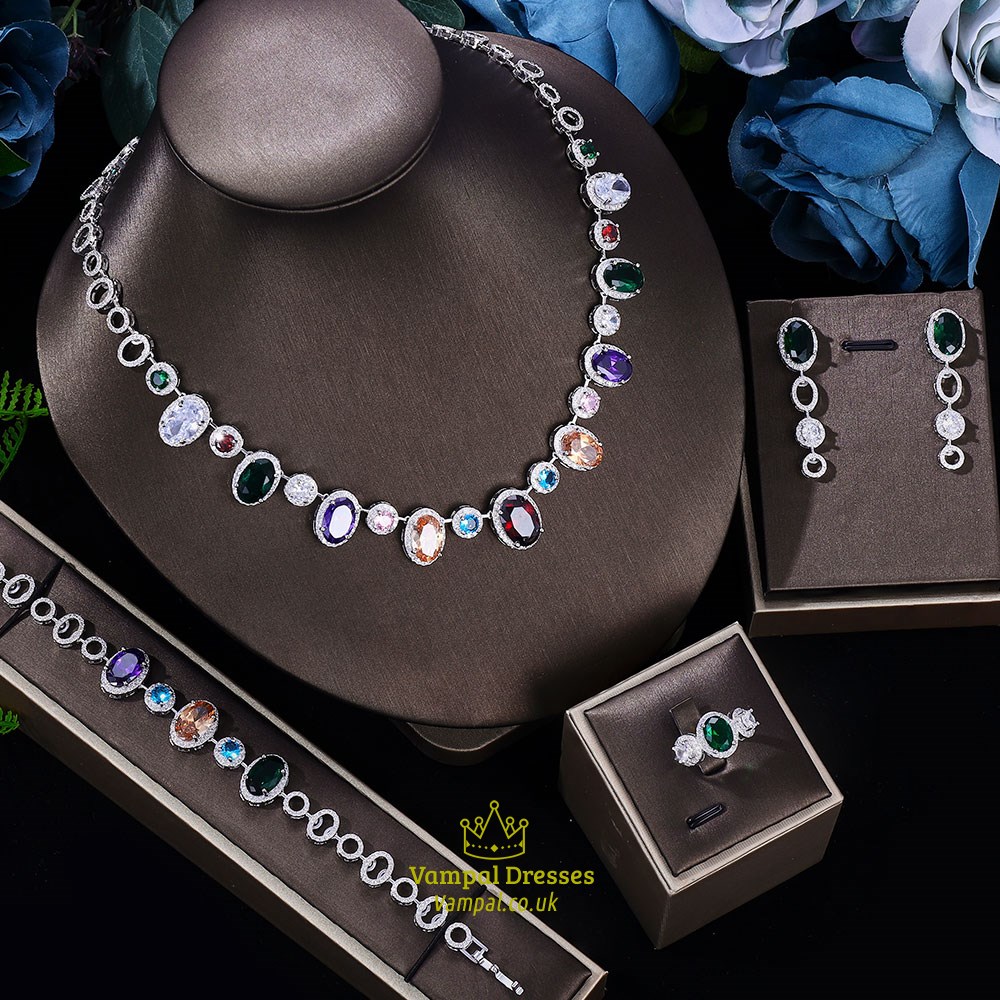 Weiß Cubic Zirconia Tassel Drop Braut Halskette Set