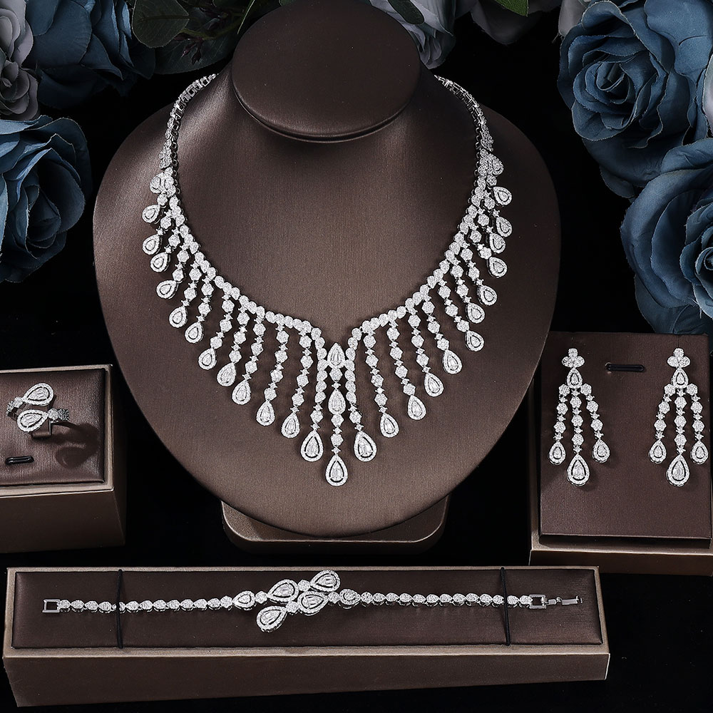 White Cubic Zirconia Tassel Drop Bridal Necklace Set
