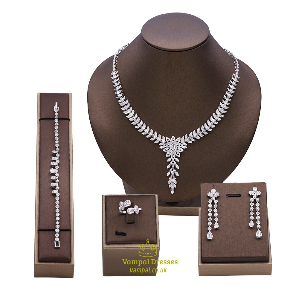 White Cubic Zirconia Tassel Drop Bridal Necklace Set