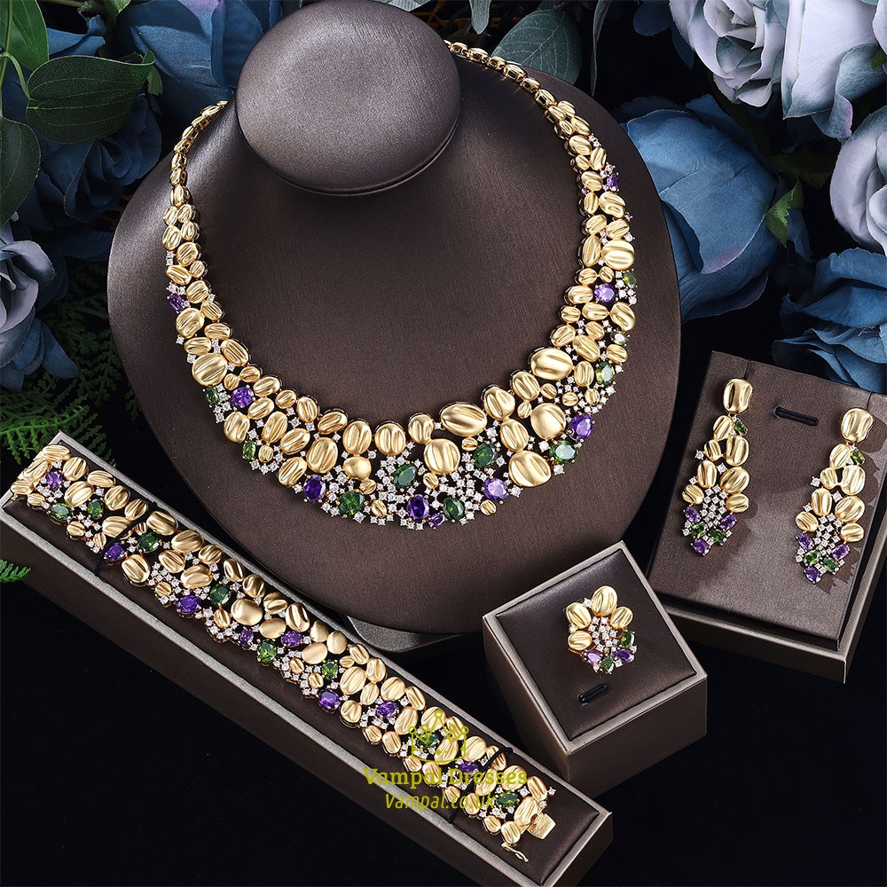 Gold Bridal Necklace Luxury Jewelry Sets Dubai Cubic Zirconia Tassel Drop Big Chunky Wedding For Brides Party 4Pcs