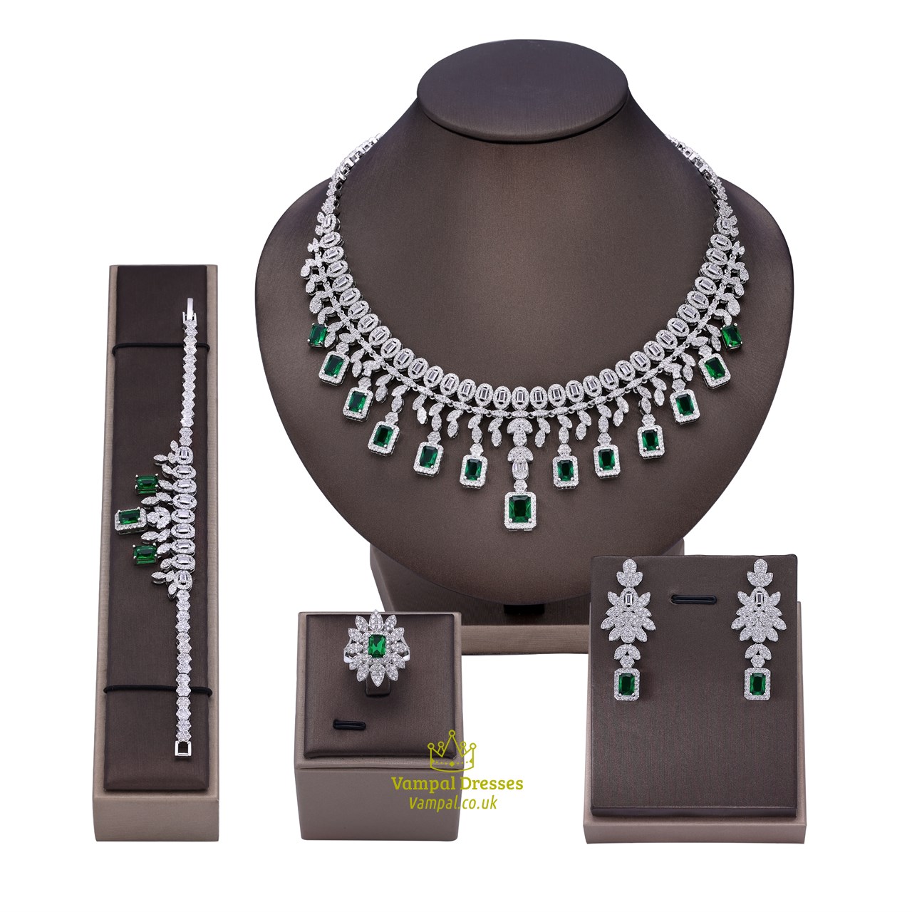 Elegant Shape Green Cz Bridal Jewelry Set With Necklace Earrings Bracelet Ring
