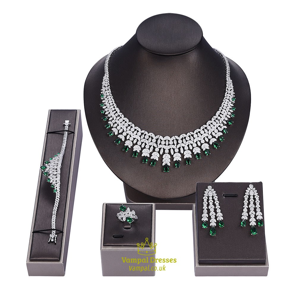 Elegant Shape Bridal Cz Necklace Earrings Bracelet Ring Set