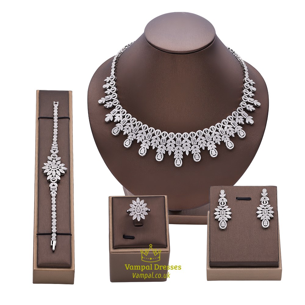White Cubic Zirconia Bridal Jewelry Set 4-Piece Luxury Saudi Style