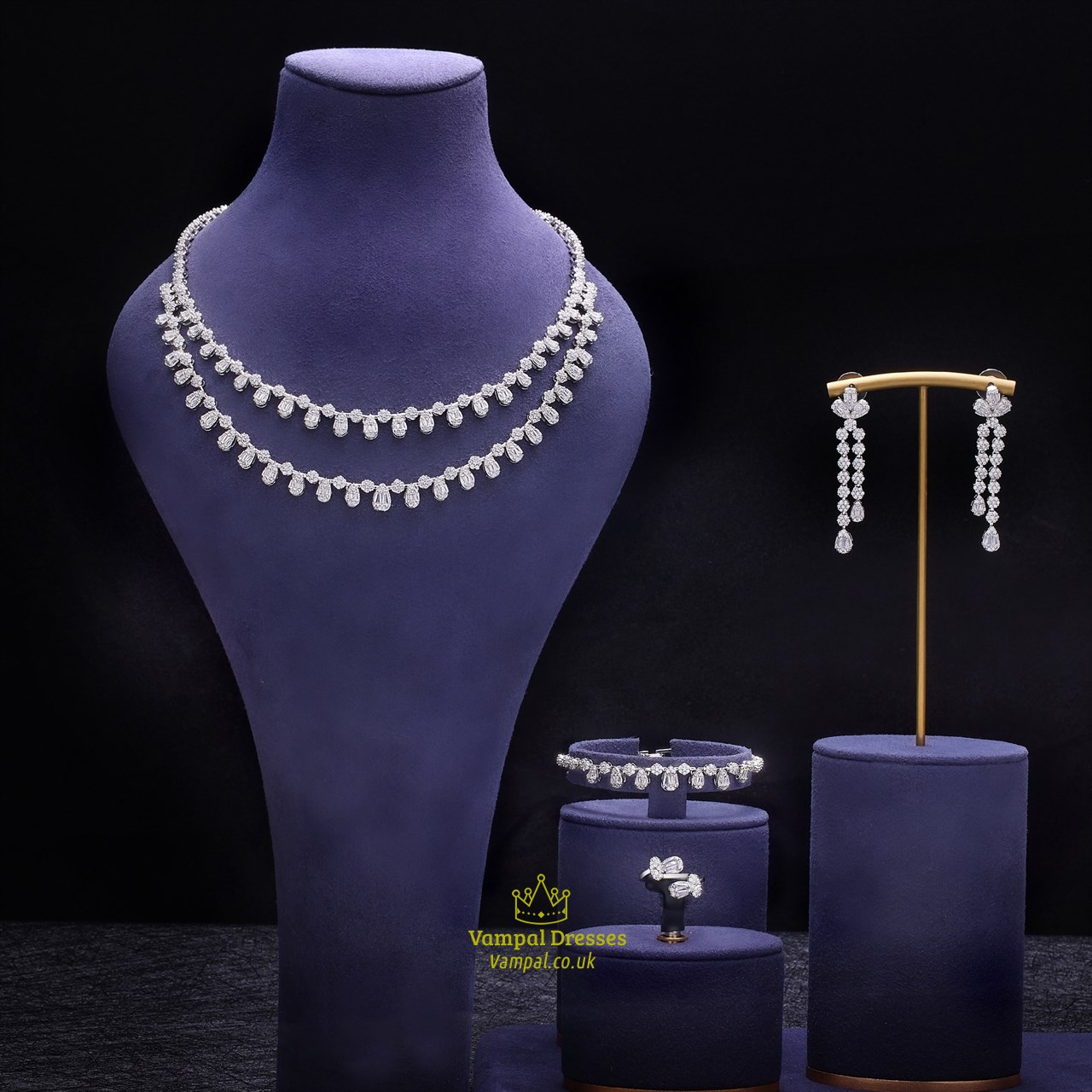 Elegant White Cz Bridal Jewelry Set With Necklace Earrings Bracelet Ring