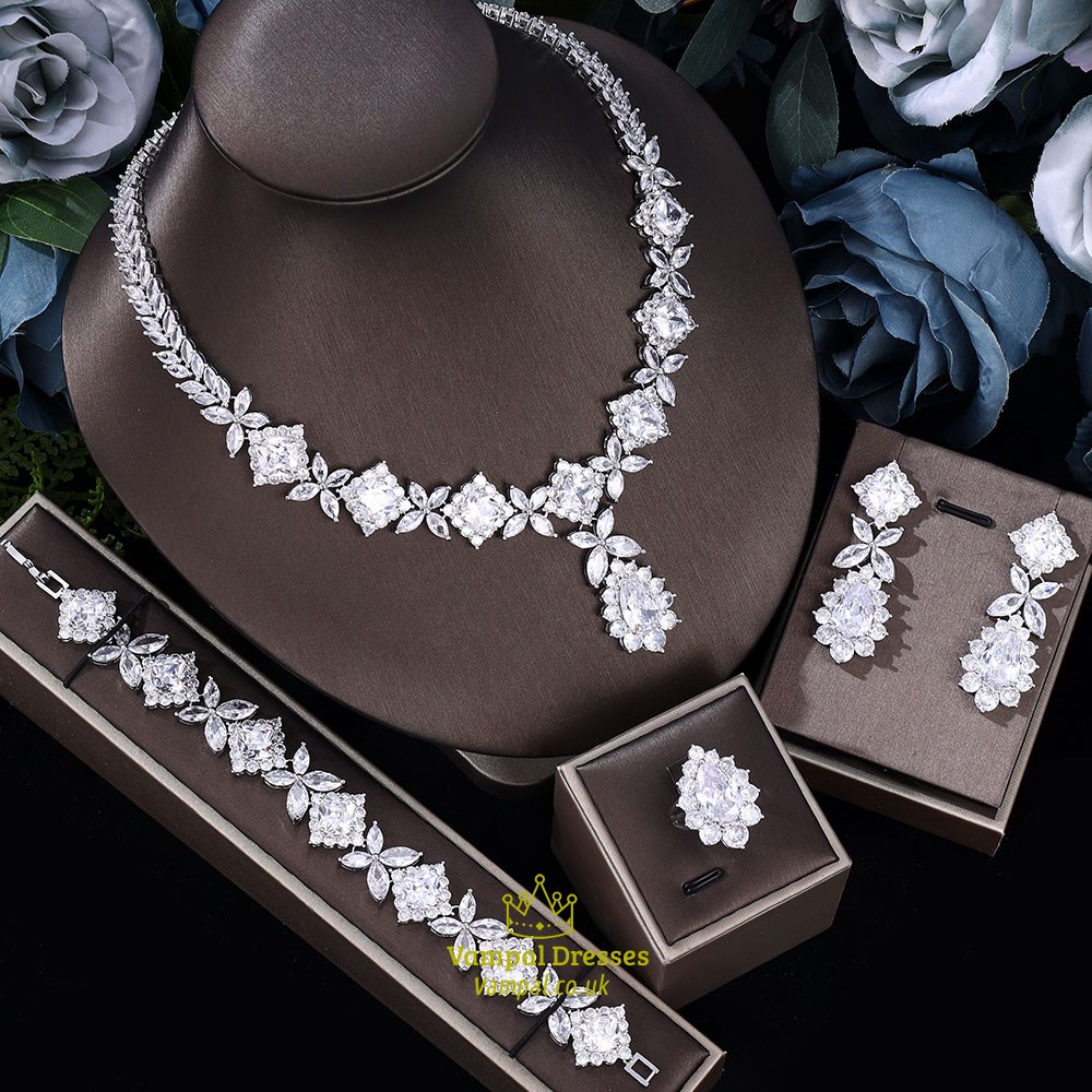 Elegant Women Wedding Jewellery Leaf Drop Bridal Necklace Bracelet And Earrings Jewelry Sets African Cz Crystal