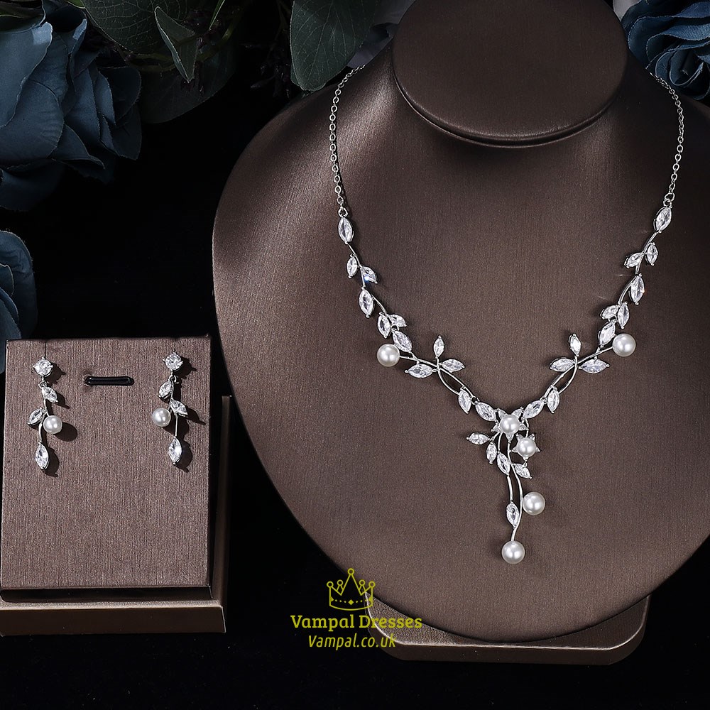 White Luxury Women Jewelry Elegant Shape Bridal Cz Necklace Earrings Bracelet Ring 2Pcs Big Wedding Jewelry Sets For Bride