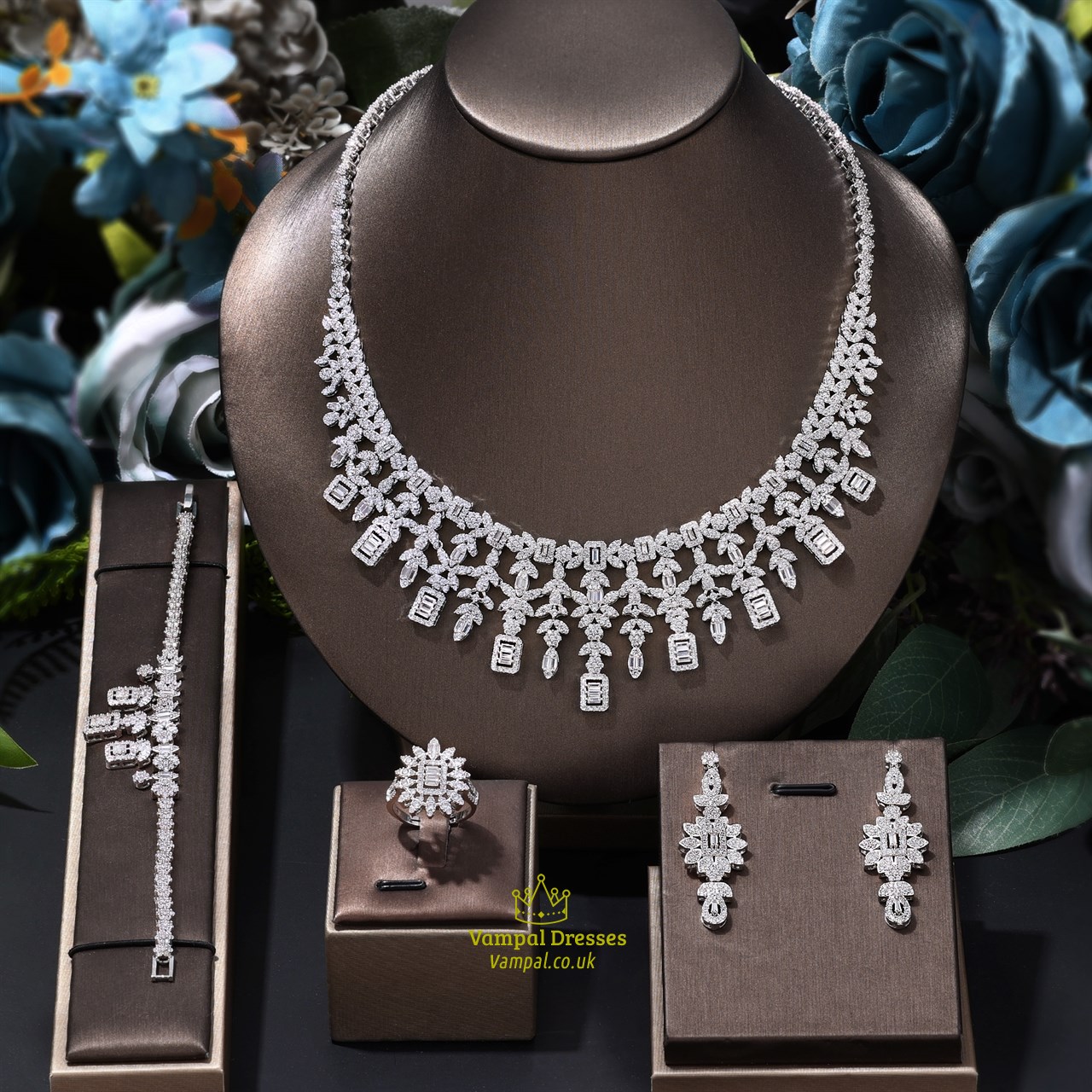 White Full Jewelry Sets Wedding Necklace Sets Bridal Zirconia Dubai Nigeria Cz Crystal Party, Luxury For Women 4Pcs