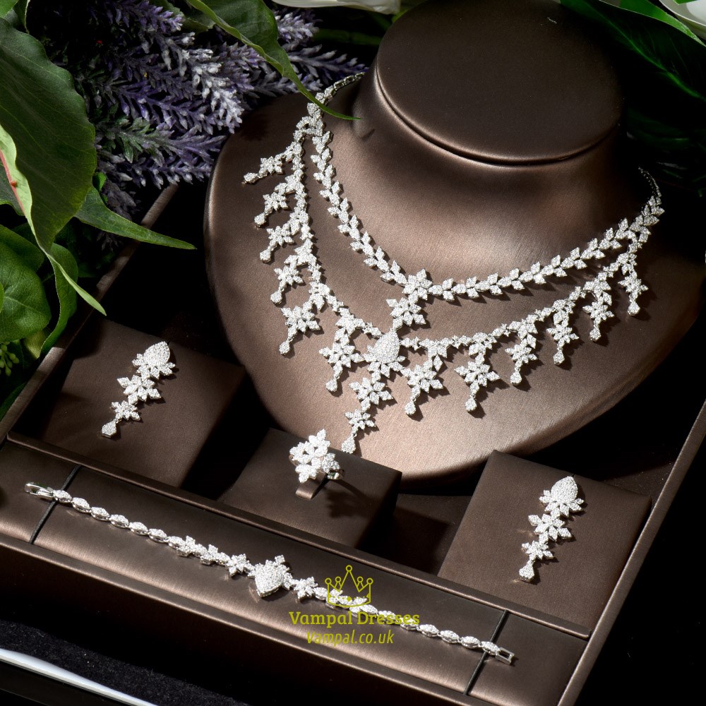 Hawaiian Luxury Crystal Fashion 4Pcs Cz Dubai Jewelry Set Necklace Set Zircon Copper Wedding Party For Women