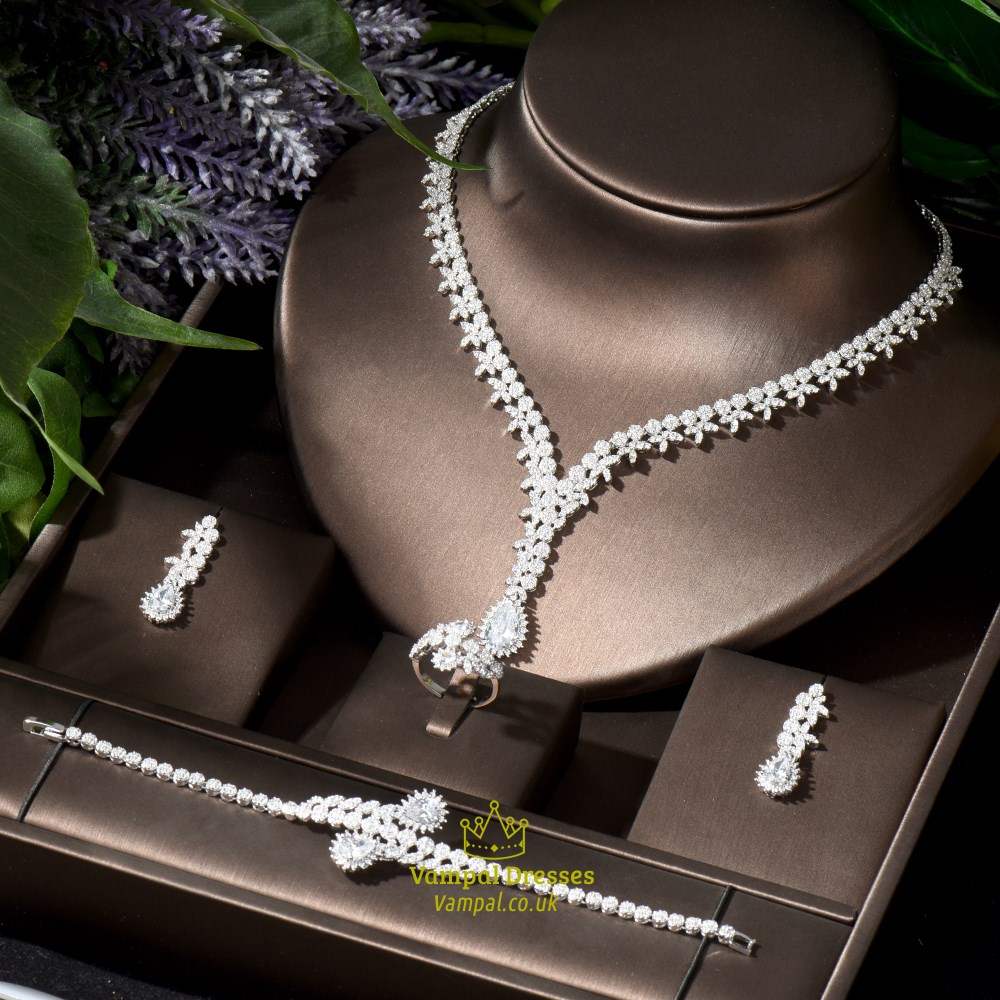 Fabrik Individuelles Damen-Set Hochzeit Individuelles Halskette Ring Ohrring Set Schmuck Vergoldet Kubischer Zirkonia Blatt Design Dubai Braut 14K