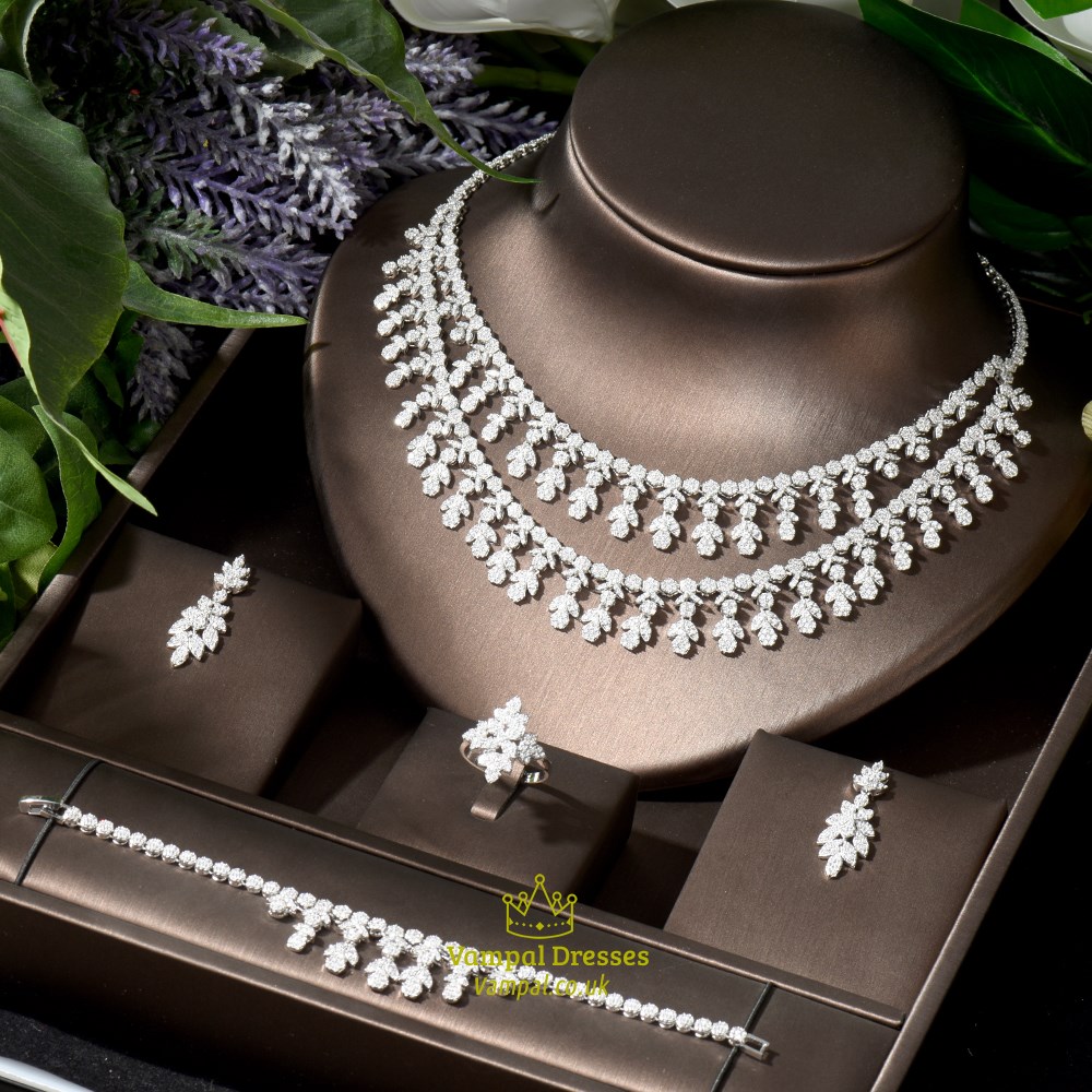 Wedding Bridal Necklace Earrings Jewelry Sets For Women African Two Layers Cubic Pave Saudi Arabia White Color