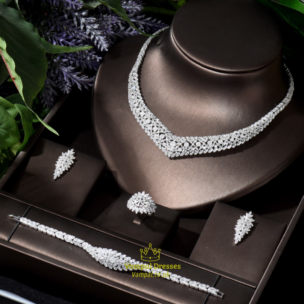 Fashion Luxury Geometric Design Necklace And Earring Sets White Gold Wedding Jewelry Sets Bridal Aaa Cubic Zirconia For Women