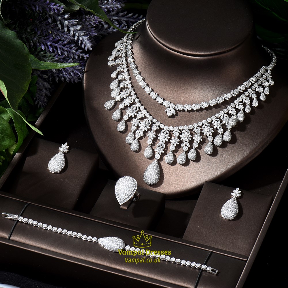 Two Layer Water Drop Bridal Jewelry Set With Cubic Zirconia