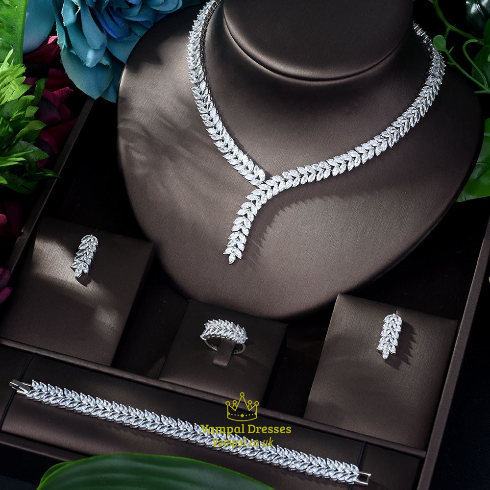 Dubai Bridal Jewelry Set - 4 Pcs Crystal Paved Cz White Zirconia