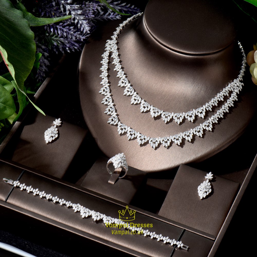 Cubic Zirconia Bridal Jewelry Set For Women - Earring And Necklace 4Pcs