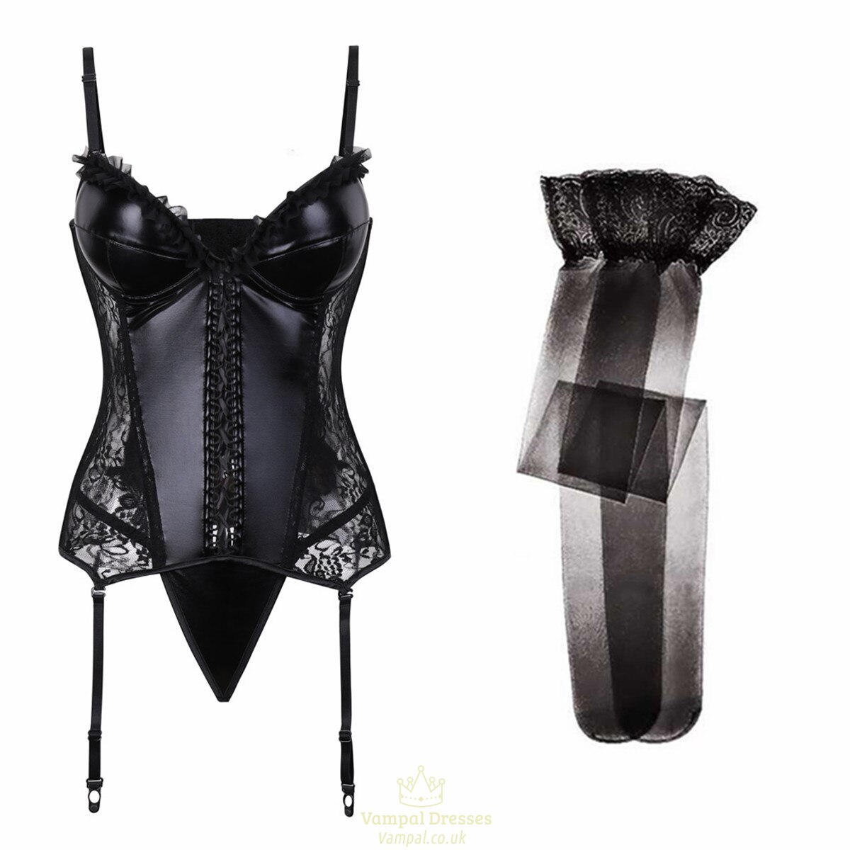 Schwarzes Varsbaby Leder Bodysuits Unterwäsche Für Damen Body Shapeware Korsett Spitze Bandage Plus Size Sinnlich Shapewear+Stocking