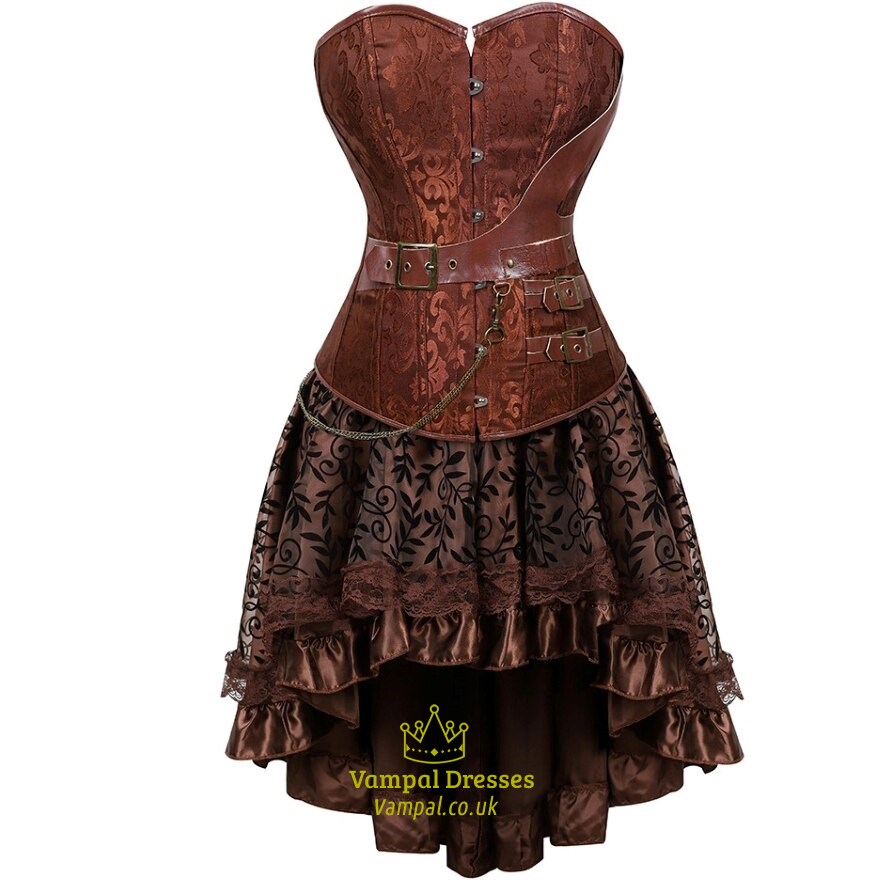 Women'S Gothic Steampunk Corsets Dress Leather Overbust Corset Bustier Top With Skirt Set Halloween Pirate Costume