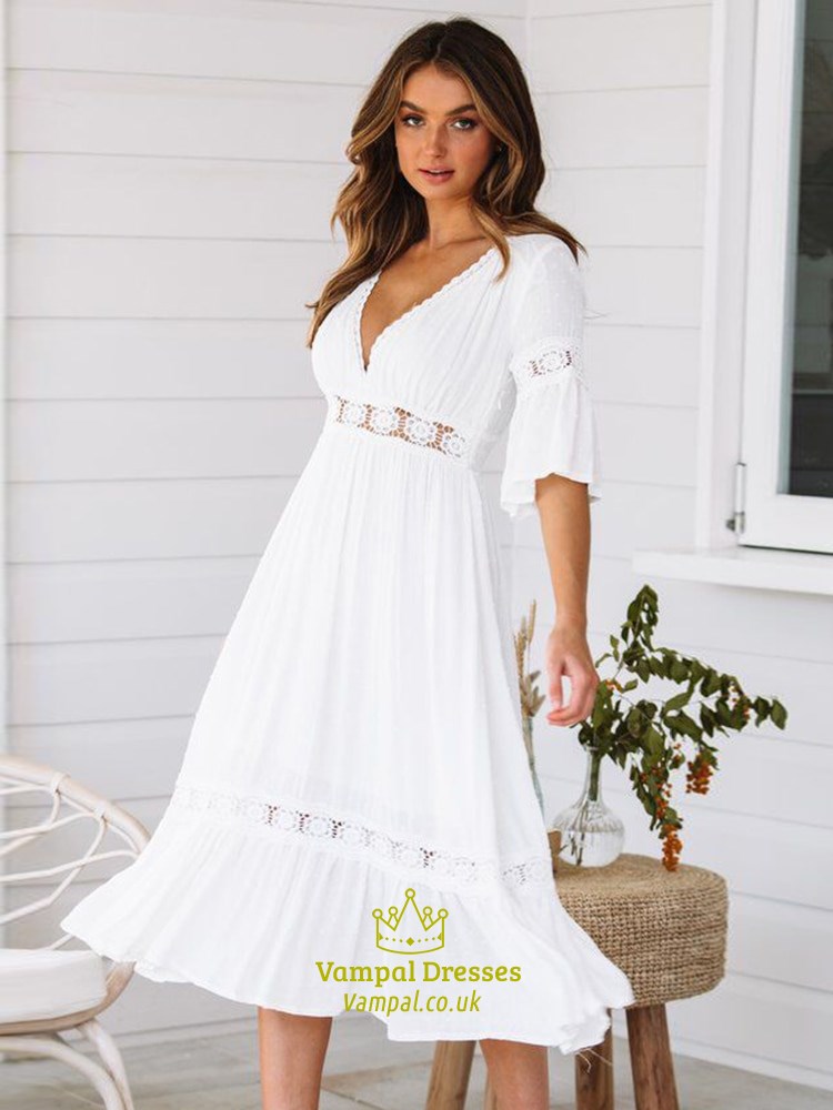 White Summer White Long Dress Women Boho Hollow Out Patchwork Dress Short Sleeve V-Neck Loose Dress Fashion Casual Elegant Woman Dress