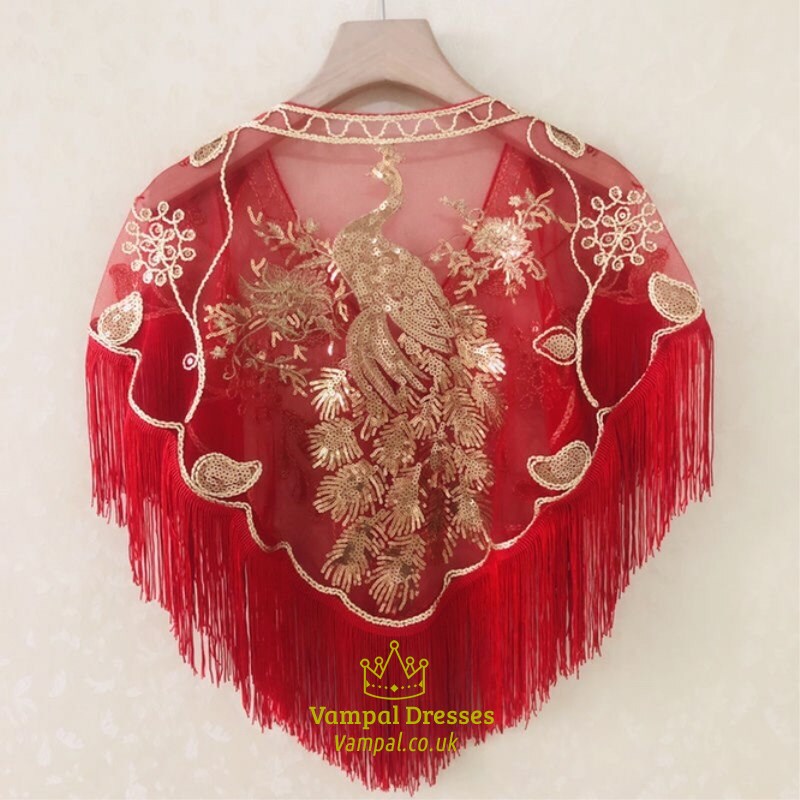 Spring Summer Women'S Sequins With Shawl Mesh Cloak Versatile Sunscreen Fashion Chinese Phoenix Tassel Sequin Lace Girl Red