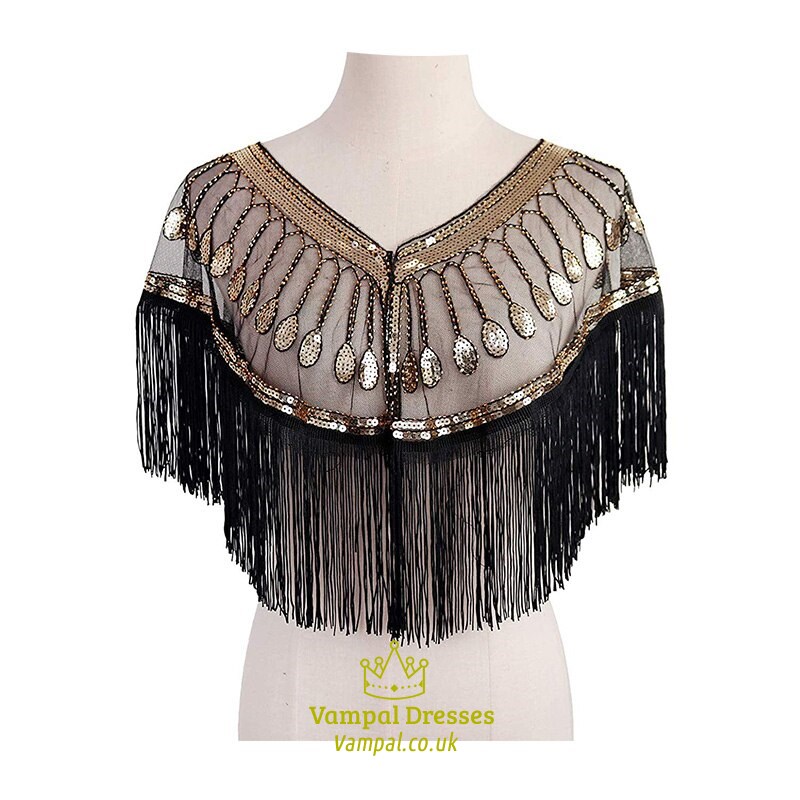 Women's Mesh Sequin Wedding Cape Evening Shawl Wrap - Beaded Fringed Gatsby Flapper Dress Accessories