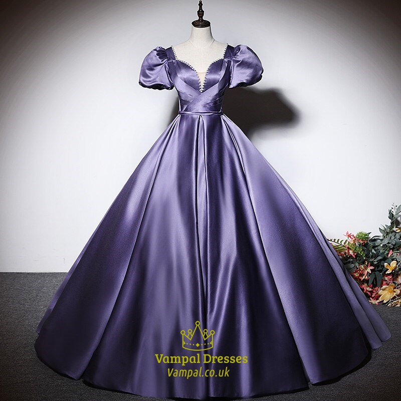 Evening Dress Plus Size Party Dresses Up Floor-Length Fashion Satin Short Sleeves Pleat A-Line V-Neck Lace Woman Xe090 Purple