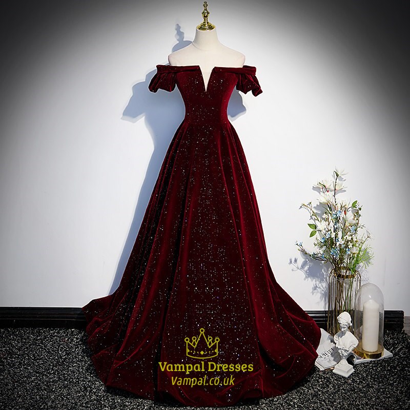 Evening Dress Formal Gown Burgundy Floor-Length Boat Neck Simple Up A-Line Velour Party Short Sleeves Sequins Lace Woman B903