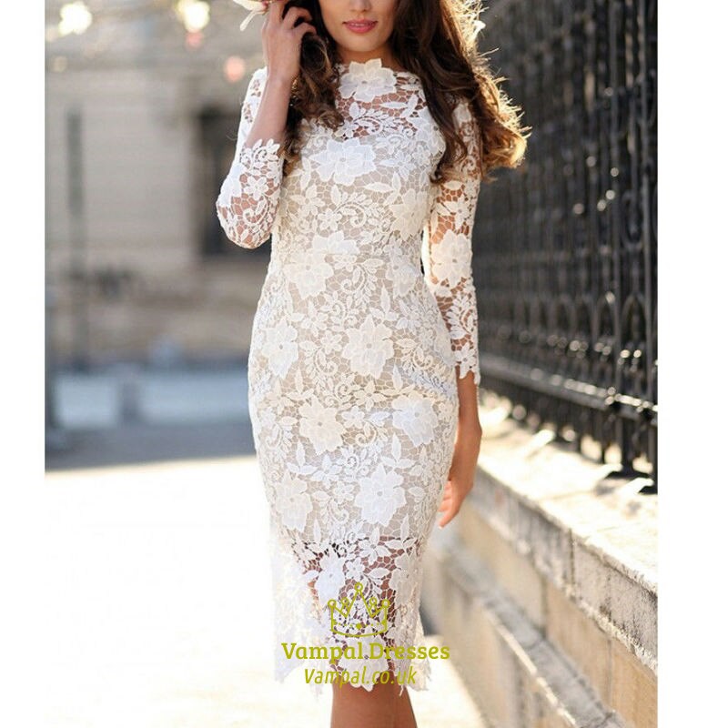 White Lace Party Dress Bodycon Long Sleeve Crochet Hollow Out Slim