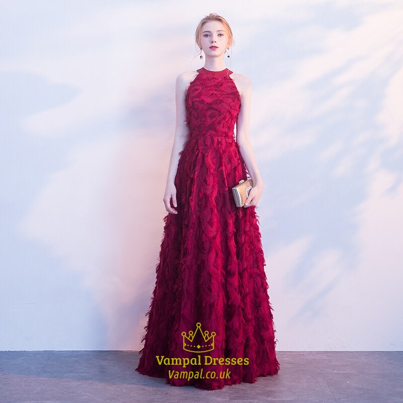Burgundy Lace Feather Floor-Length Evening Gown