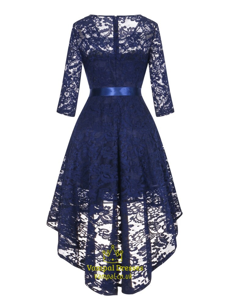 Blue Robe Dress Navy Blue Vintage Robe Floral Lace Elegant High Low Hem Maxi Dress ...