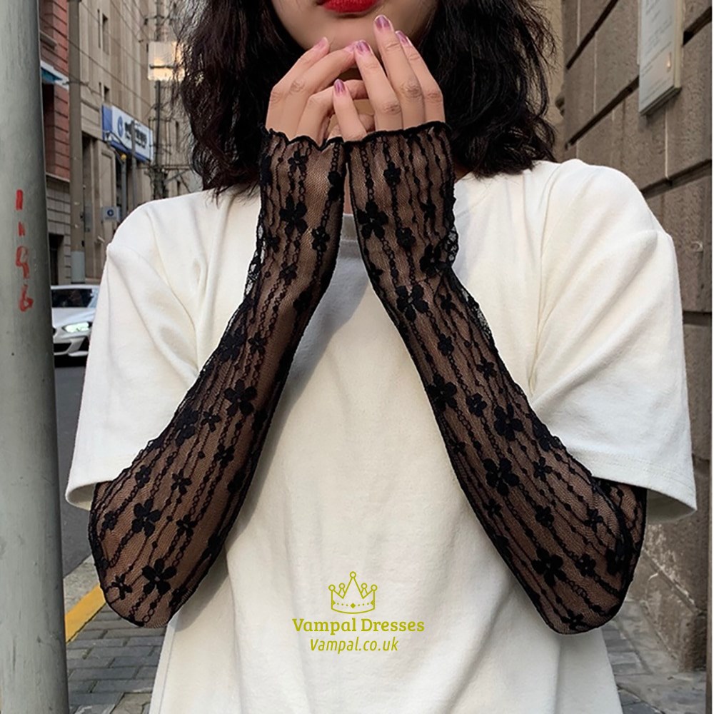 New Long Lace Hollow-Out Fingerless Gloves Lace Thin Cycling Gloves Sun Protection Sleeves Mesh