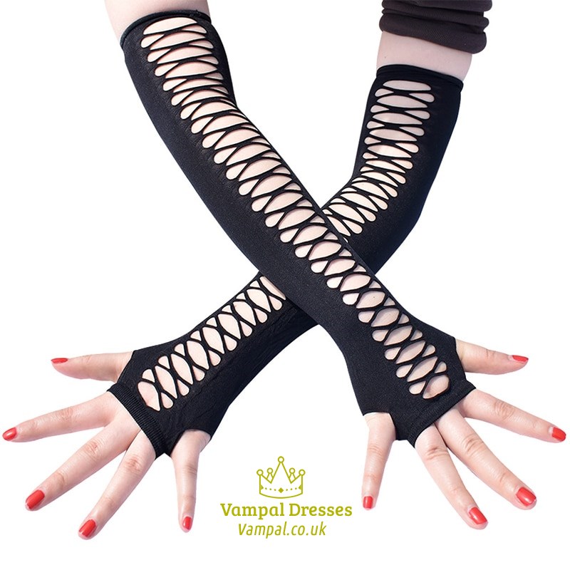 Damen Ellenbogenlange Punk Handschuhe Elastische Fingerlose Handschuhe Touchscreen Fäustlinge Cutout Kreuz Mesh Handschuhe Cosplay Party Kostüme