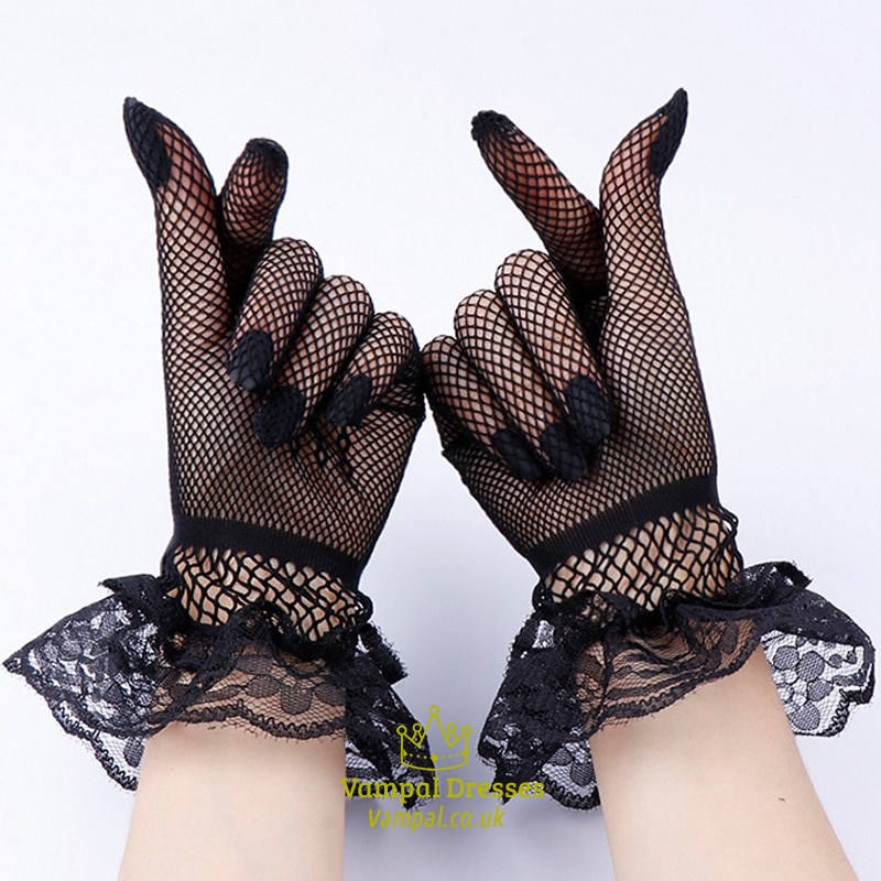 Damen Schwarz Weiß Sommer UV-Schutz Fahrhandschuhe Mesh Fischernetz Spitze Fäustlinge