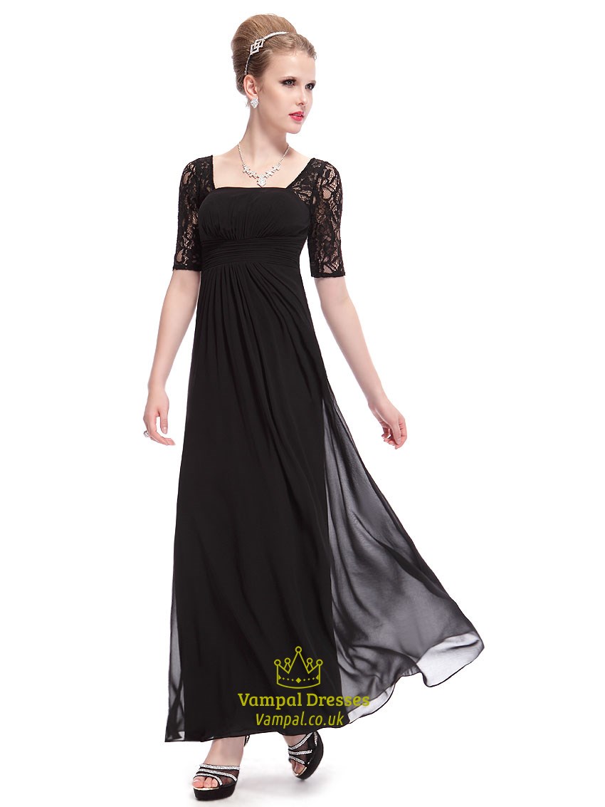 Schwarzes Prom-Kleid mit Spitzenärmeln