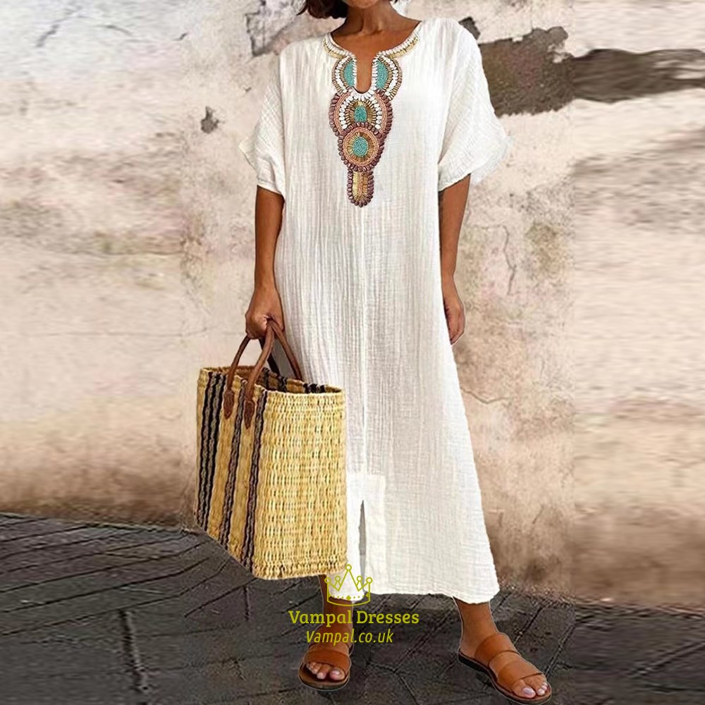 Cotton Linen Dress For Women Casual Pullover Elegant Midi Dress Summer Short Sleeve Beach Bohemian Long Skirt Vestido