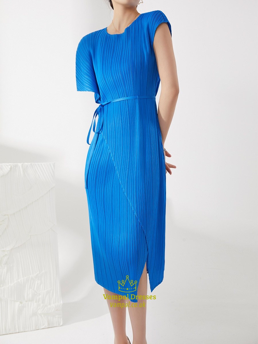 Pleated O-Neck Irregular Dress Solid Color Black Blue Khaki