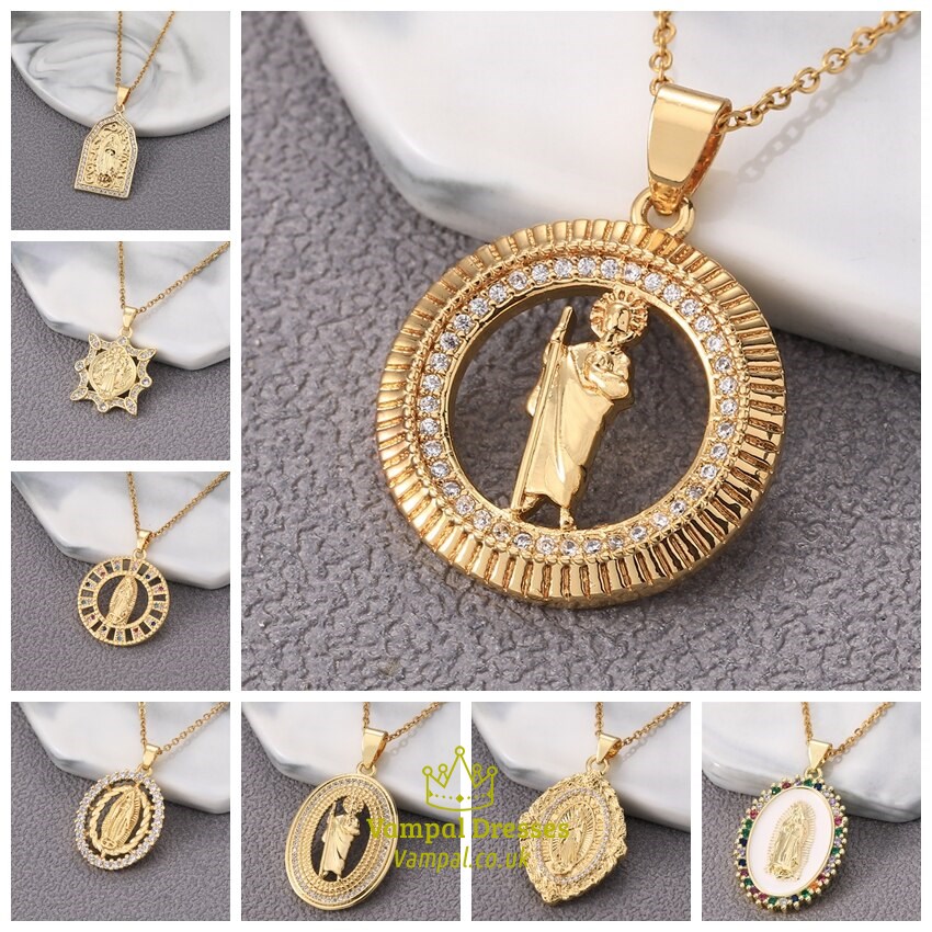 Mehrere Stile Zwei Farben Gold Und Silber Halskette Kupfer Jungfrau Maria Runder Anhänger Elegante Damen Hals Accessoires Schmuck