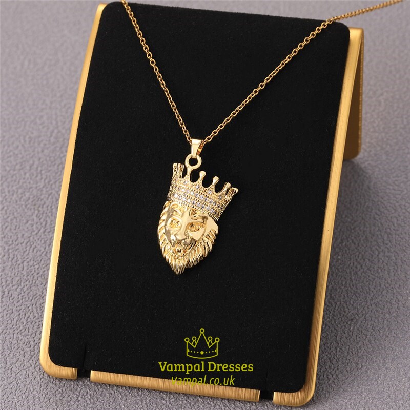 Goldene Krone Löwenkopf Zirkon Kette Halskette