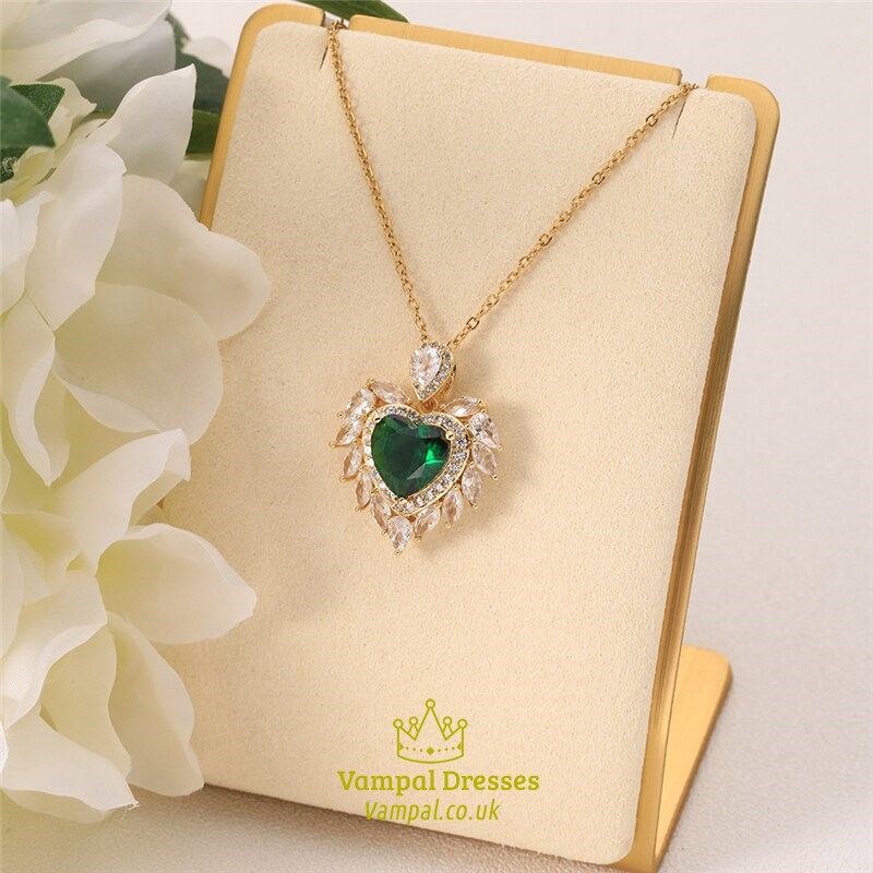 Rhinestone Layer Clavicle Chain Necklace Heart-Shaped Stainless Steel Green