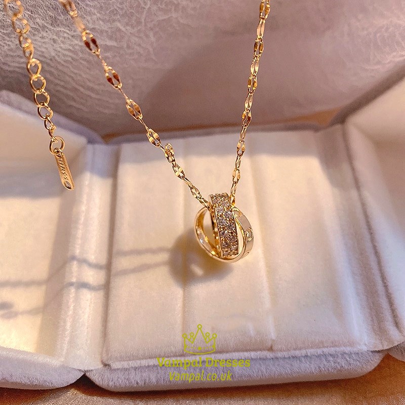 Double Ring Round Chain Necklace With Aaa Zircon Pendant, Stainless Steel