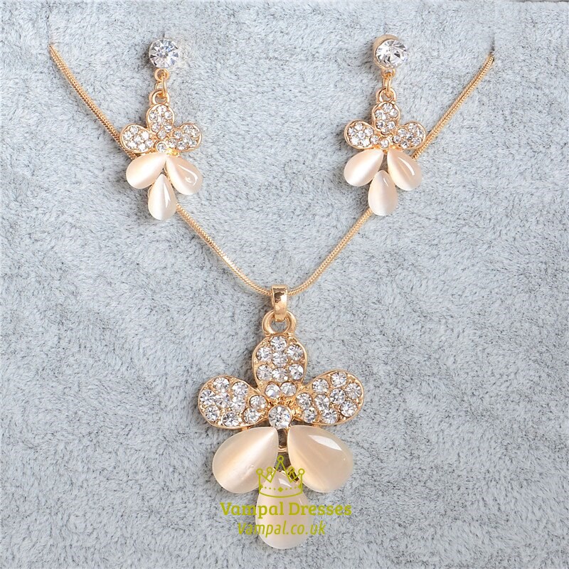 Jewelry Sets Gold Color Pendant Necklace Earrings Set For Women Bridal Wedding Crystal Jewelry Gift Cat'S Eye Stone Natural