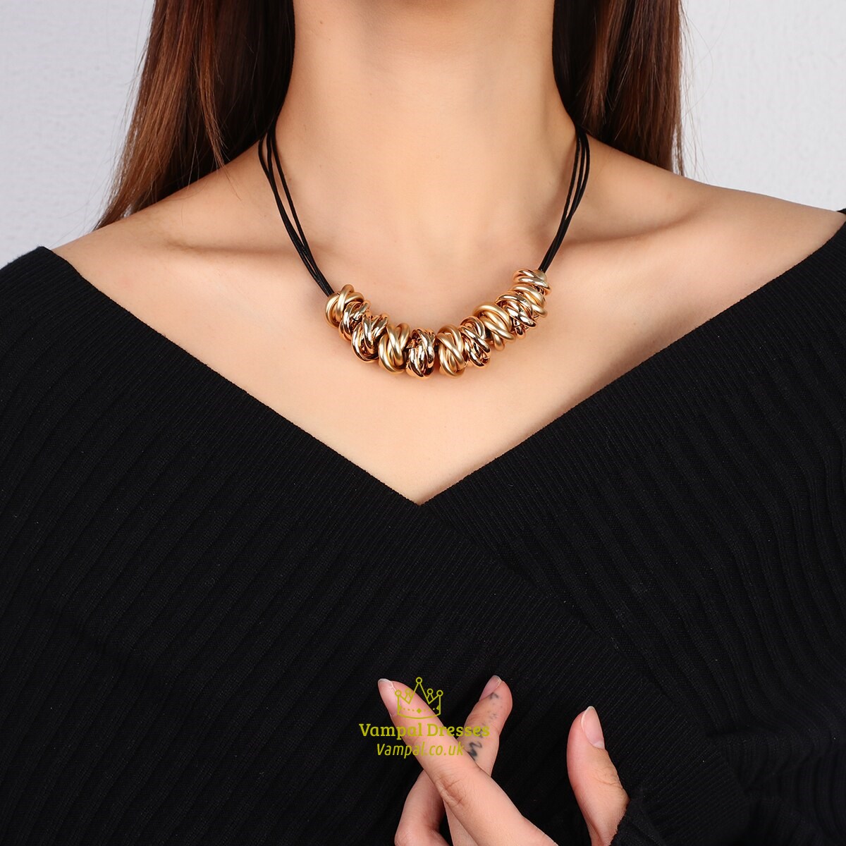 Black Leather Choker Necklace With Irregular Twisted Metal Pendant