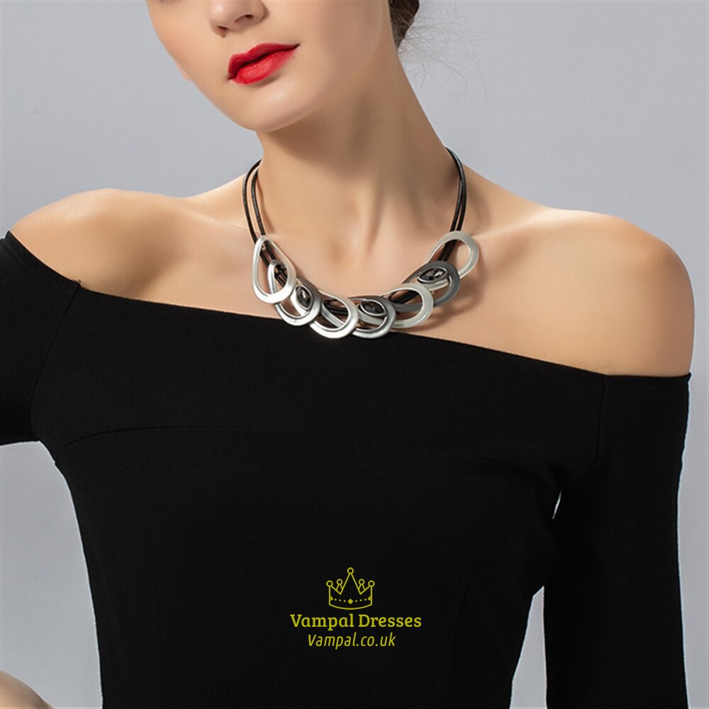 Vintage Geometric Metal Charm Pendant Leather Choker Necklace